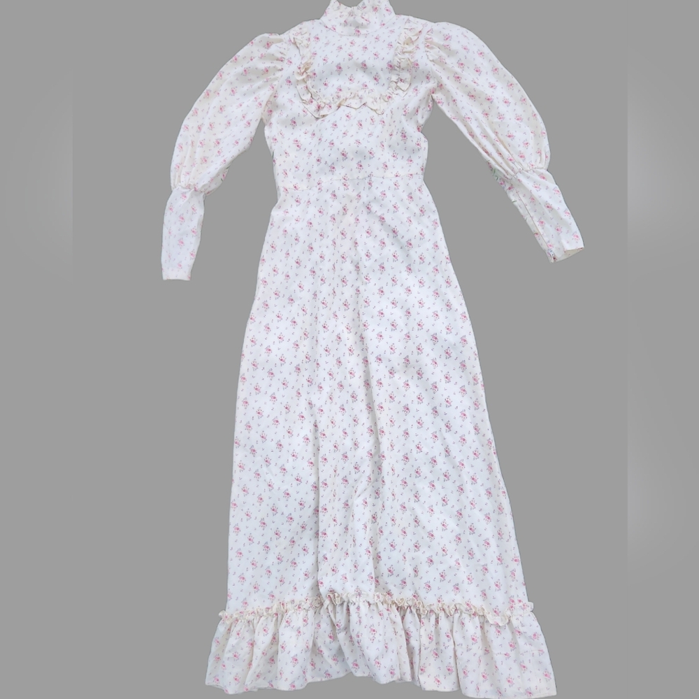 Vintage 70's Gunne Sax Inspired Handmade Floral Maxi Dress Pink Flowers XS‎